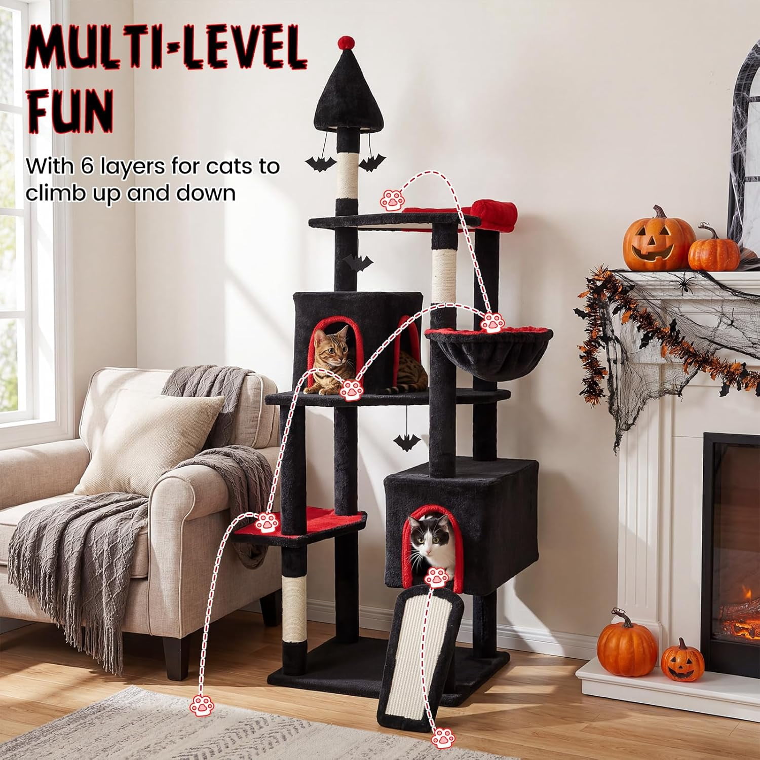 YounGG Gothic Cat Tree, 75" Tall Halloween Cat Tower with Sisal Scratching Posts & Ramp, 2 Condos, Top Perch, Bat Hanging Toys, Basket, Heavy Duty Black Goth Cat Tree for Indoor Large Cats 20+ LBS