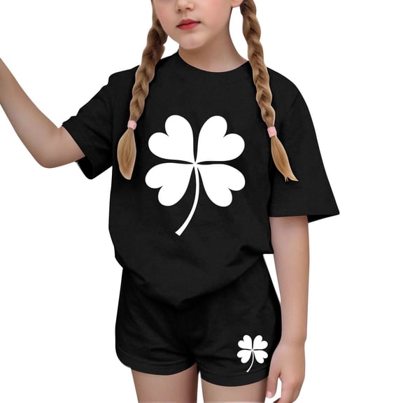 CYRBOKO Girls St.Patrick's Day Outfit Sets, Elastic Waist Holiday Short Sleeve Summer Two-piece Sets Black Size 4-15 T