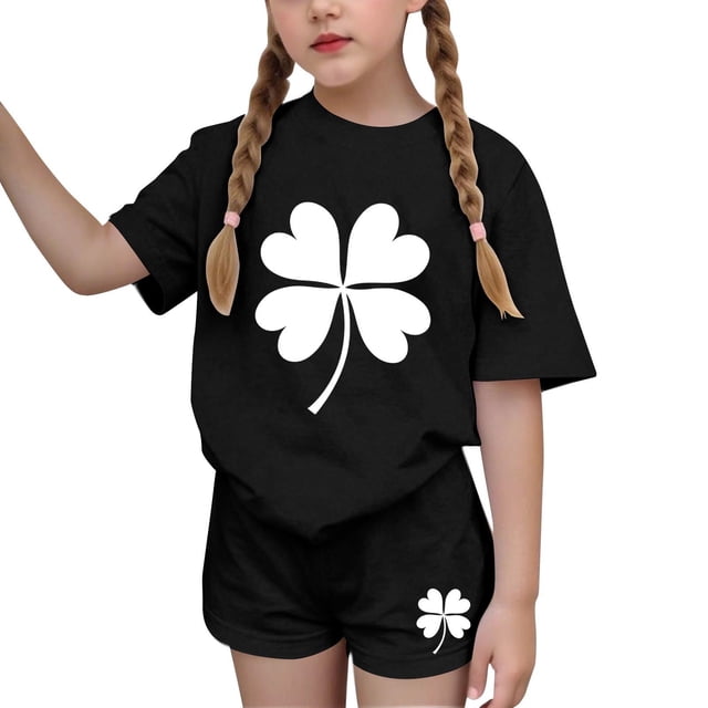 Vestido de manga corta para niños Día de San Patricio impreso conjunto de dos piezas niñas casual cuello redondo blusa y pantalones cortos