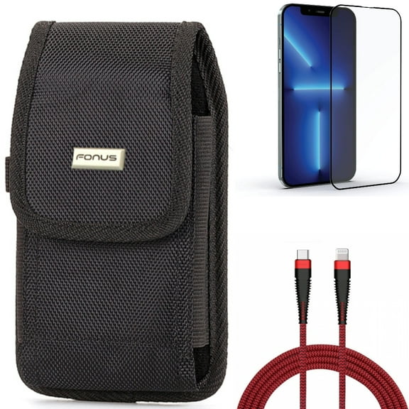 Screen Protector & Case Belt Clip & PD Cable for iPhone 13 Pro Max ONLY - Anti-Glare Tempered Glass Matte   Rugged Holster Canvas   6ft USB-C to iPhone Charger Combo
