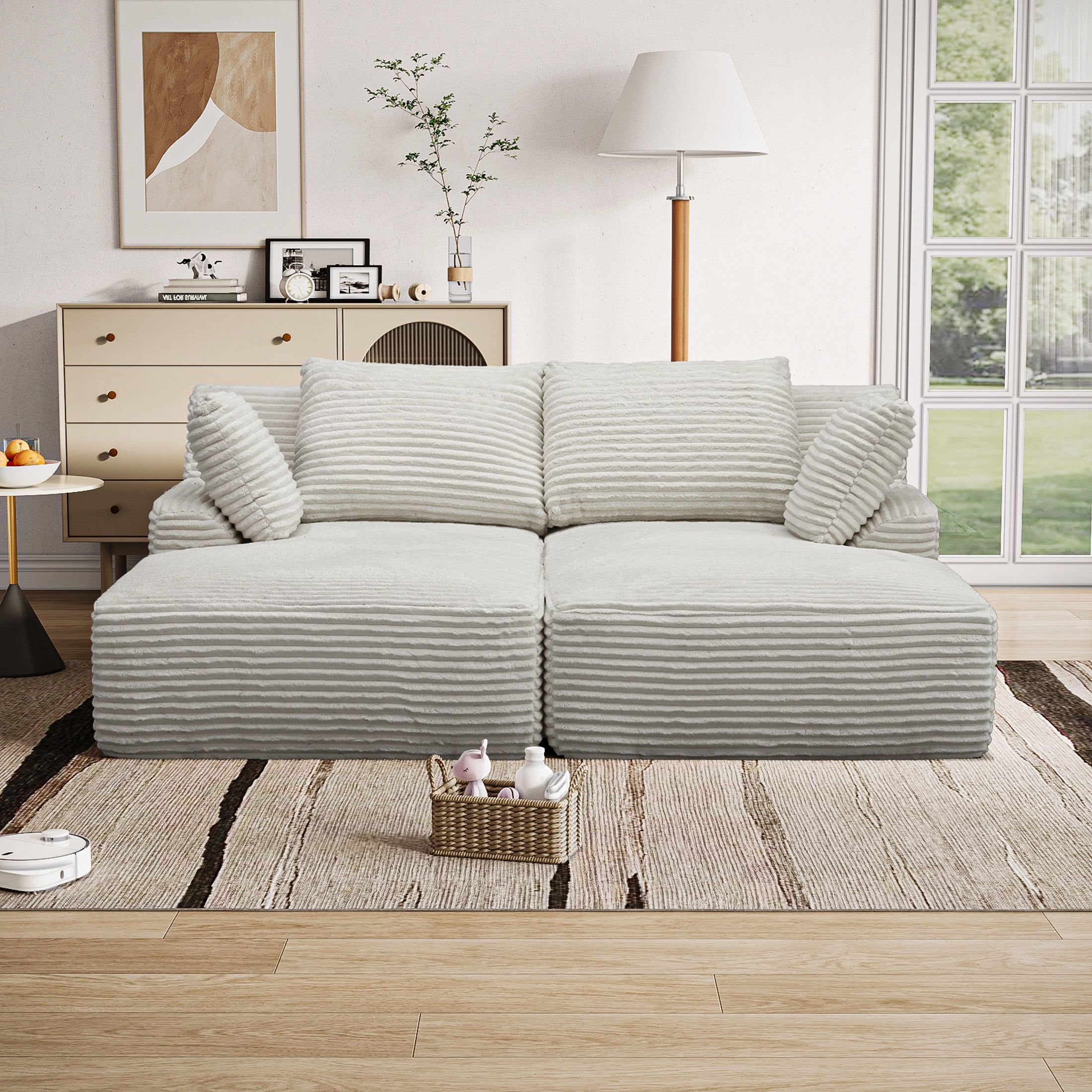 Noble House Elley 77.8" Oversized Double Chaise Lounge, Cloud Plush Corduroy Sleeper Chair with Pocket Springs, Beige