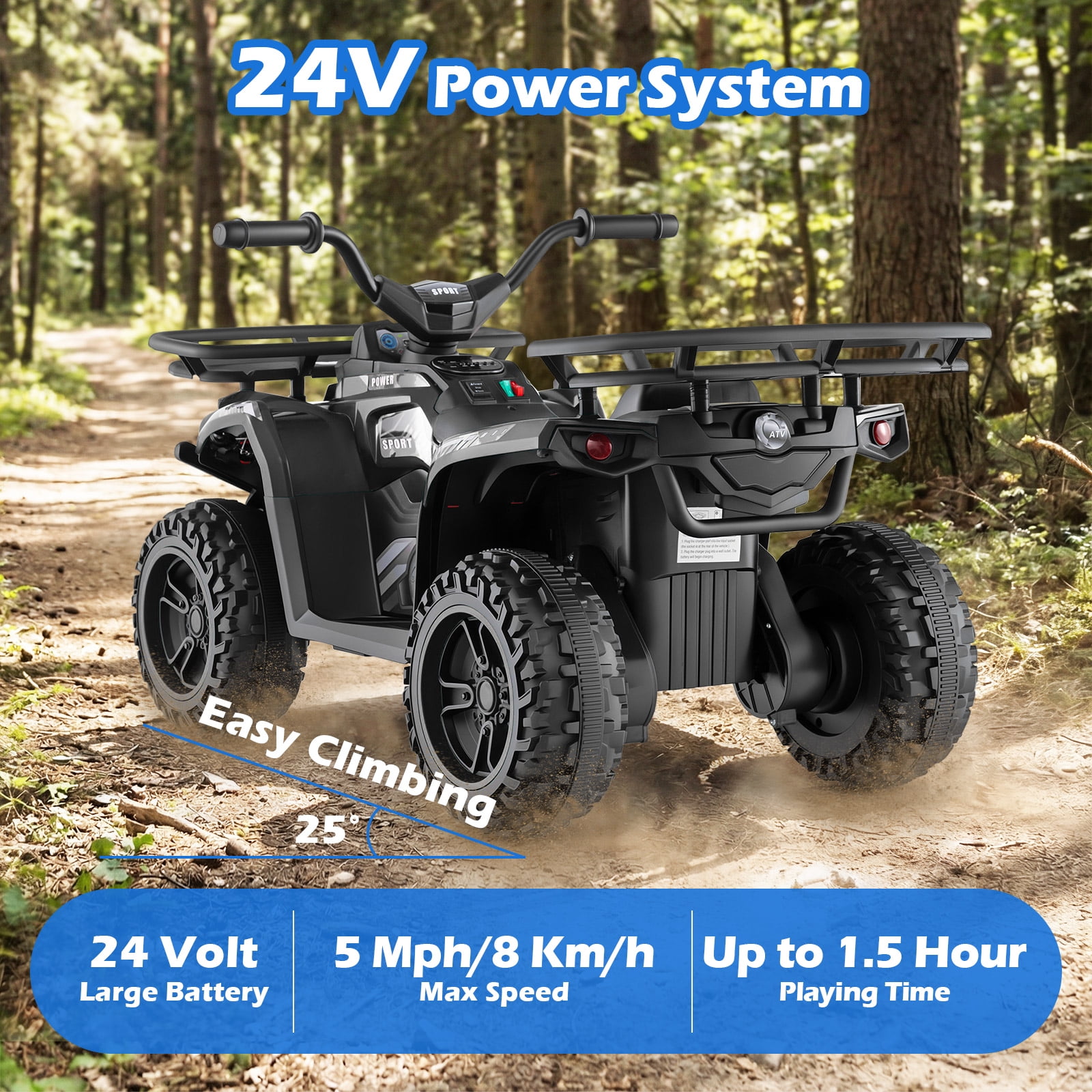OLAKIDS 24V Kids ATV Quad with 5Mph Max Speed, Spring Suspension, LED Lights, Music & Story Player, Big Tires, 2 Storage Spaces, Ride On Car for Boys Girls Ages 3+