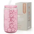 thumbnail image 1 of Vaso para beber SANDJEST, botella de vidrio con diseño de leopardo rosa de 470 ml, 1 of 8