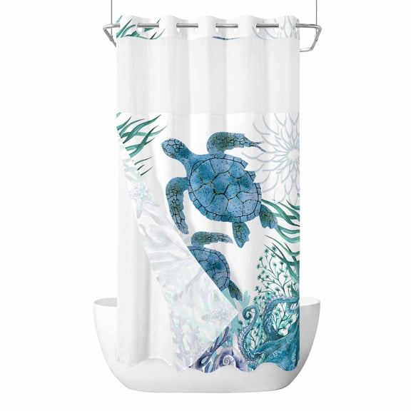 No Hook Ocean Blue Turtles Shower Curtain with Snap in Liner Set, Coastal Octopus Coral Nautical Seagrass Waterproof Bathroom Curtains with See Through Top Window, Hotel Style Stall 54 x 78 Inch