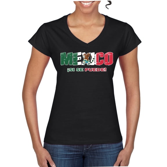 Wild Bobby Mexico Flag Pride Graphic Si Se Puede Eagle Cactus | Unisex Novelty Graphic T-Shirt | Soccer Football Fan Gift for Men Women Standard V-Neck Tee