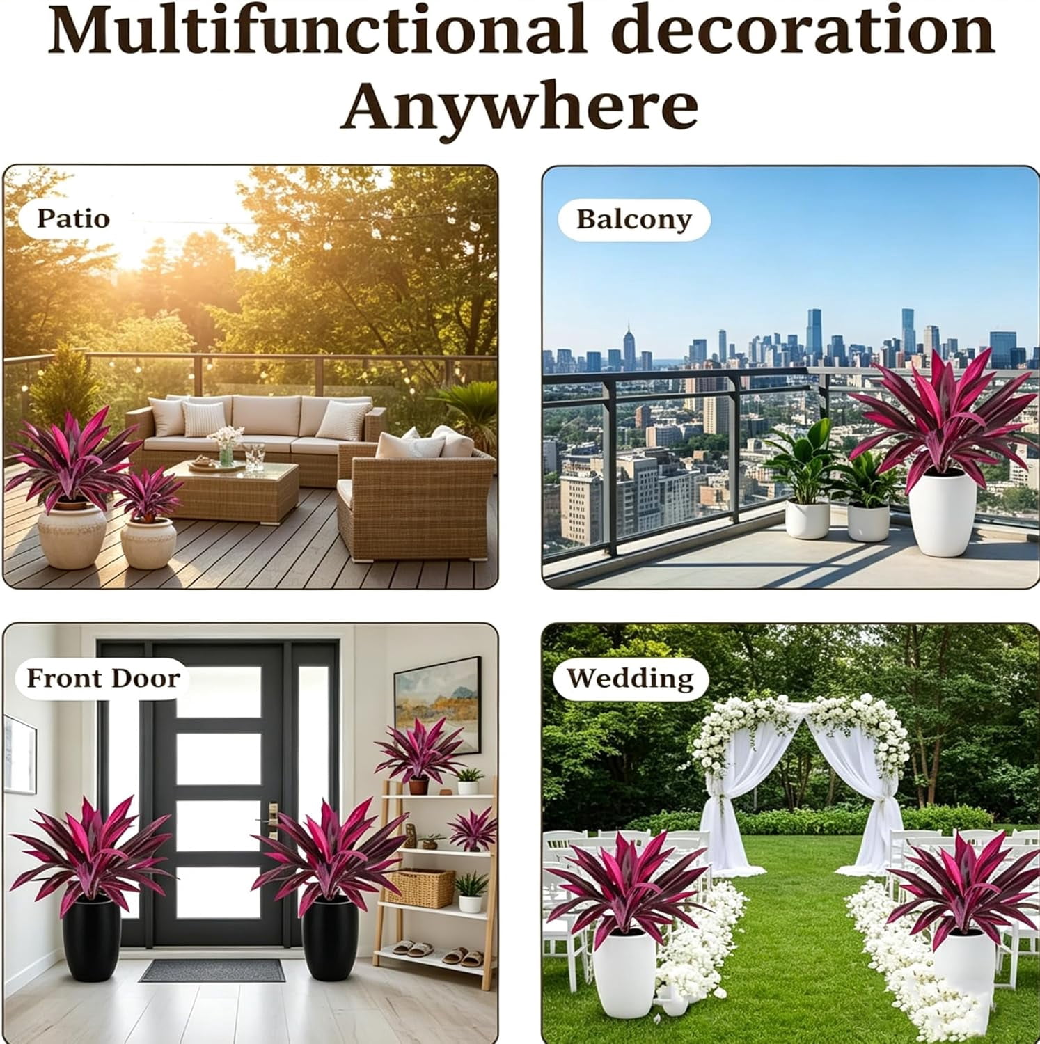 Large Artificial Boston Fern & Dragon's Blood Tree Plants, Vibrant Pink Purple Faux Foliage, UV Resistant Outdoor Fake Plants for Garden Patio Balcony Wedding Decor (4pcs)