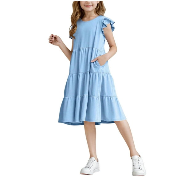Loopsun Girls Summer Dress, Girls Short Sleeve Stretchy A Line Short Sleeve Round Neck Dress Blue 11-12 Years