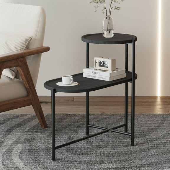 Hassch 2-Tier Oval Side Table with Tray Top, End Table with Metal Frame for Small Space, Living Room, Black