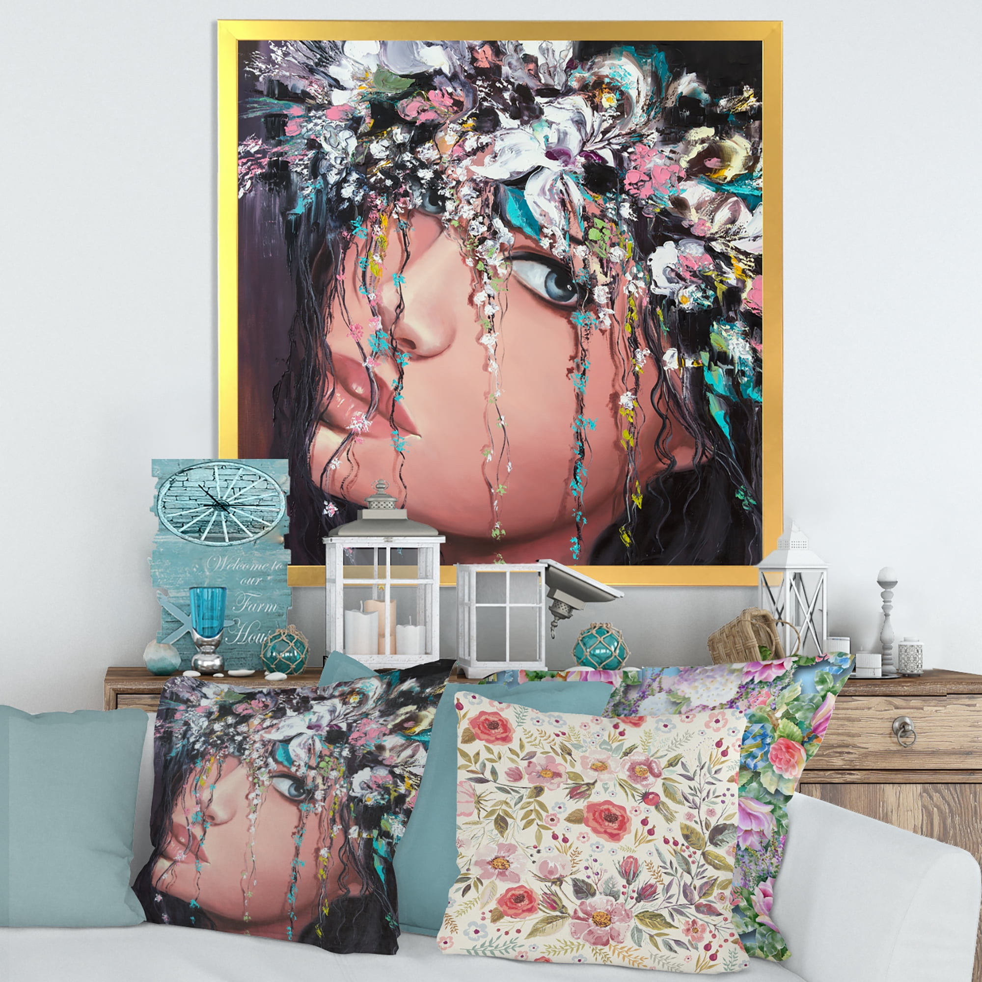 Designart 'Portrait Of A Young Woman With Flowers II' Modern Framed Art Print