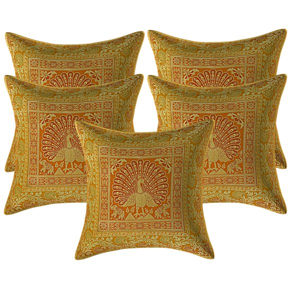 Stylo Culture Indian Christmas Brocade Mustard Yellow And Gold Throw Pillow Covers 16x16 Jacquard Weave Banarasi Home Decor Pillow Covers Peacock 40x40 cm Decorative Cushion Covers (Set Of 5)