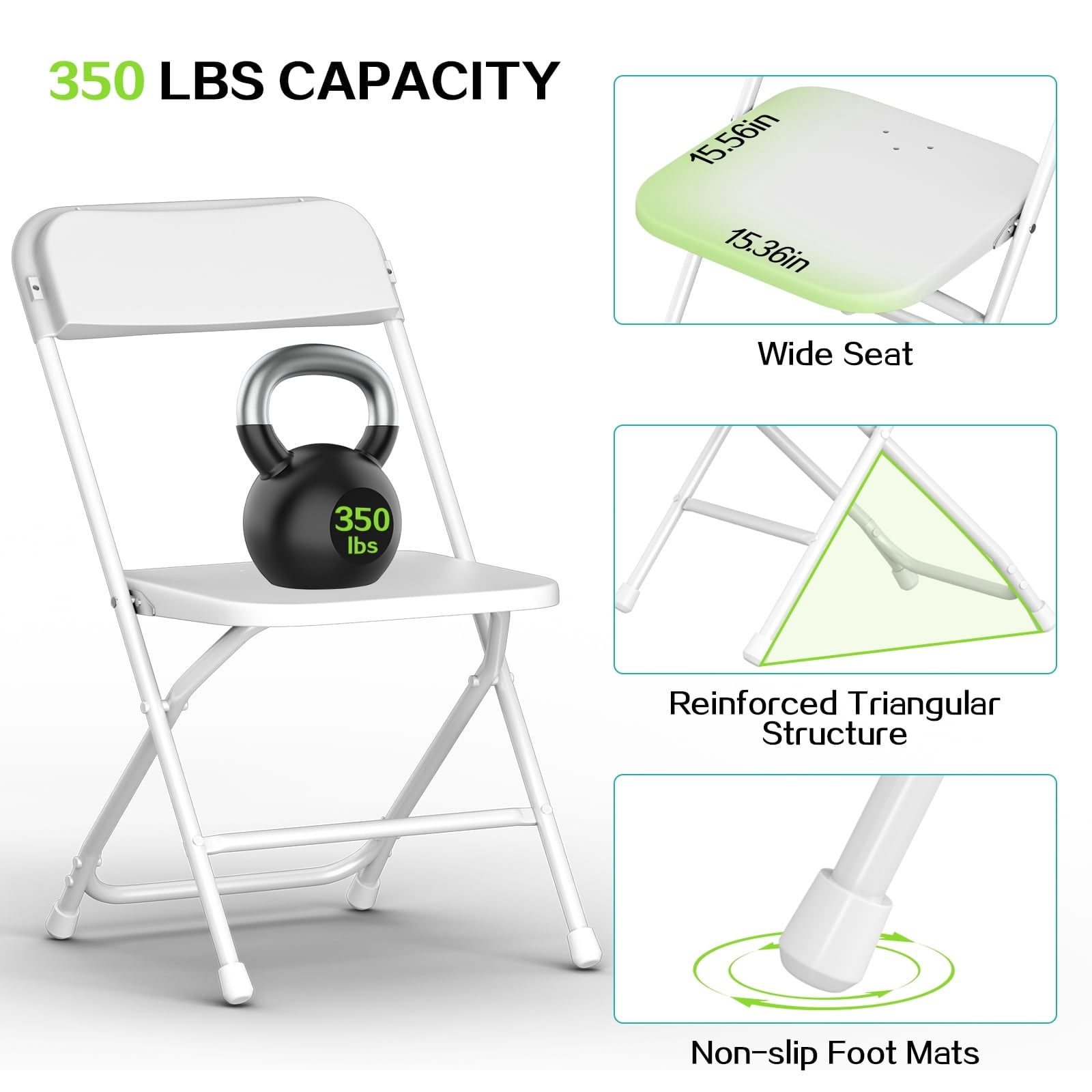 Capri White Plastic Folding Chair 4 Pack with Steel Frame, Hold up to 350 lbs, Indoor Outdoor Portable Stackable Event Chair Commercial Seat for Dining Wedding Party Office Picnic Kitchen