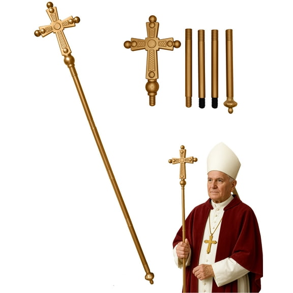 Nicky Bigs Novelties Gold Pope Cross Staff - Adjustable 5 Piece 54-Inch Tall Hollow Bishop Prop - Adult Halloween Cosplay Costume Accessory, Gold, One Size