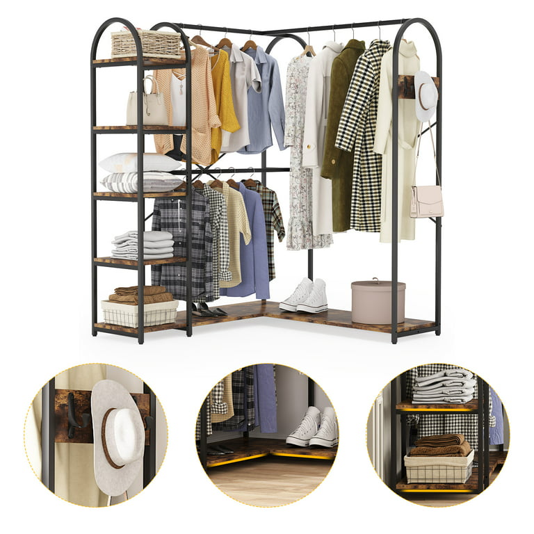 Tribesigns L Shaped Closet Organizer, Freestanding Corner Clothes Garment Rack with Hanging Rods and Storage Shelves, Heavy Duty Metal Clothing Rack