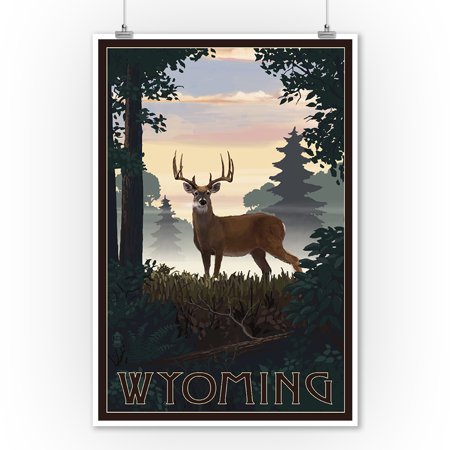 Deer Wall Decor Art - Wyoming - Deer & Sunrise - Lantern Press Artwork (9x12 Art Print, Wall Decor Travel Poster)
