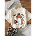 thumbnail image 1 of Women's Halloween Ghost & Bat Print Short Sleeve Round Neck T-Shirt, Casual Knit Cotton Top, Regular Length, all-Season Fashion Tee, 1 of 6