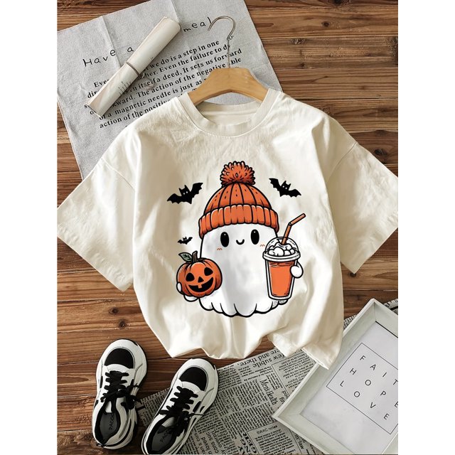 Women's Halloween Ghost & Bat Print Short Sleeve Round Neck T-Shirt, Casual Knit Cotton Top, Regular Length, all-Season Fashion Tee