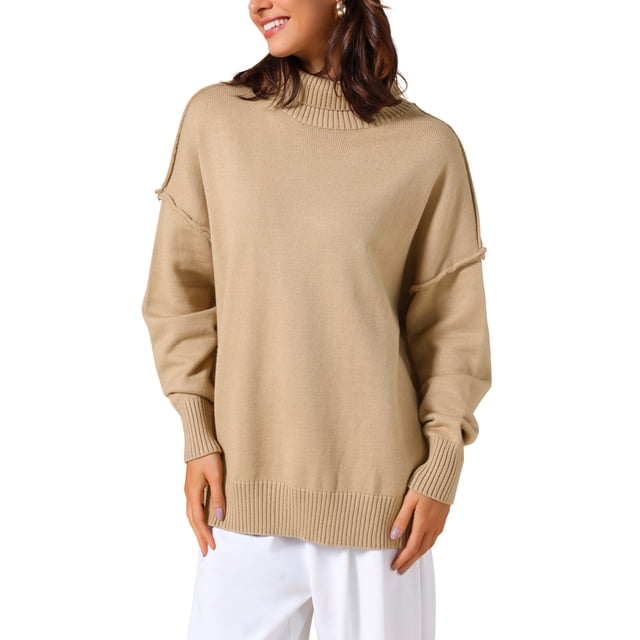 Suéteres de mujer Inspire Chic, de manga larga, cuello alto, suelto y de gran tamaño, tops casuales 2025 L caqui