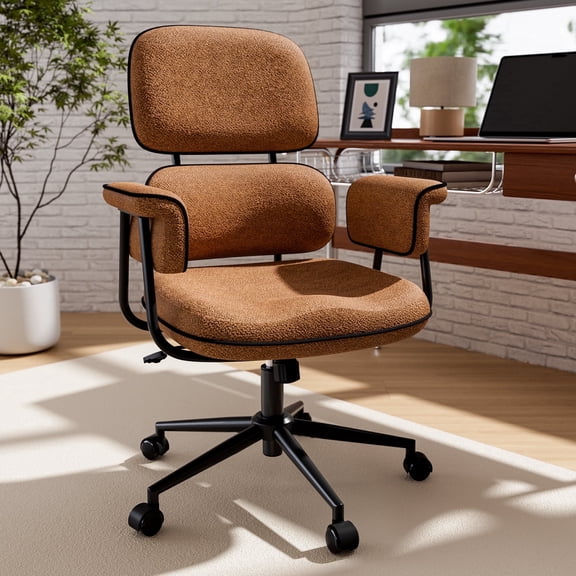 Genpo Desk Chair with Wheels and Arms, Brown Linen Fabric Executive Office Chair with Memory Foam Wide Seat, Padded Arms, Lumbar Support and Adjustable Height