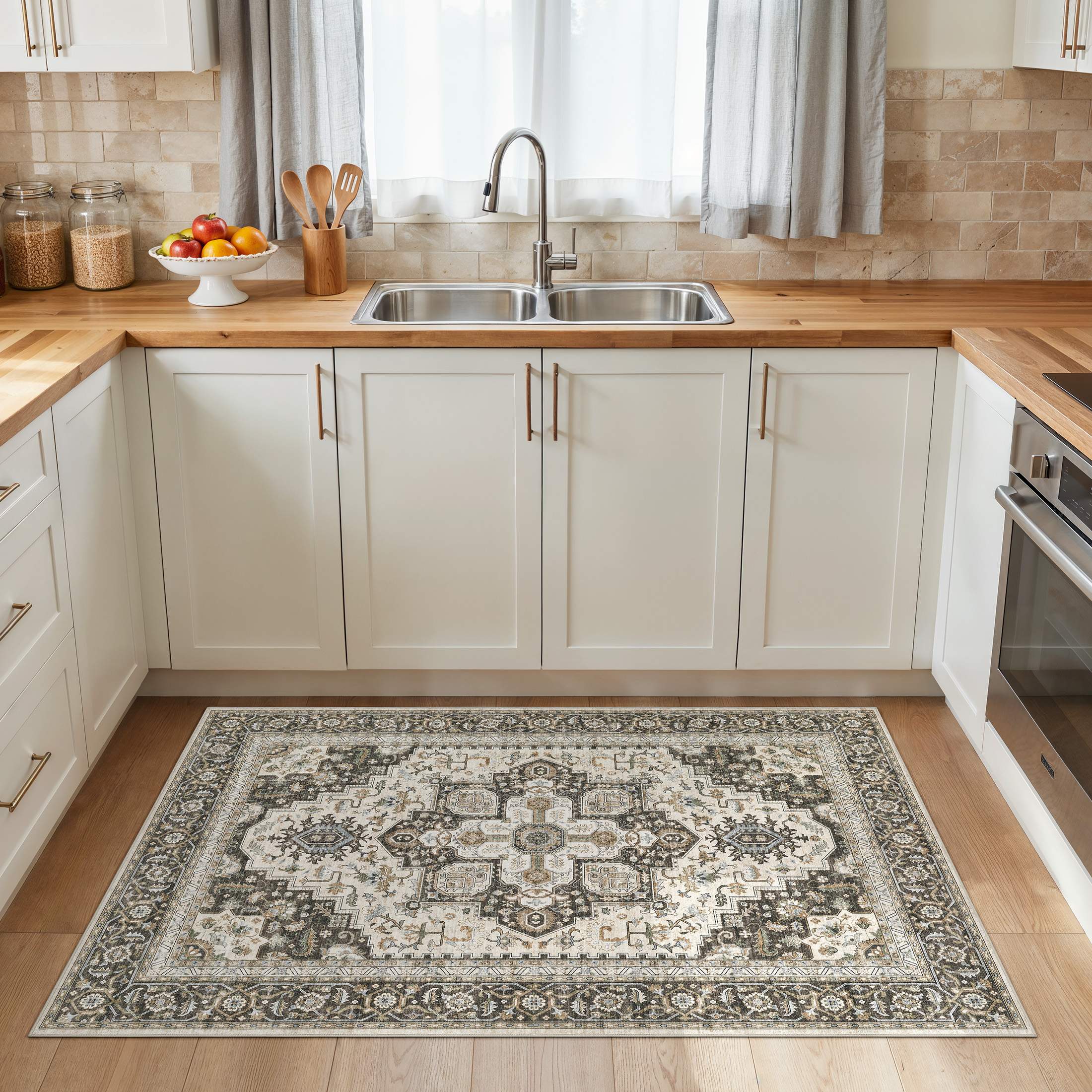 UERMEI 3'x5' Area Rugs, Non-slip Washable Vintage Throw Rugs Carpet for Entrance Entryway Bedroom Laundry Room, Low Pile Indoor Rug Floral Rug Home Decor Carpet, Brown Green