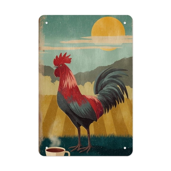 Morning Brew Rooster Edge-Folded Tin Art - Pre-Drilled Corners - Ready to Hang