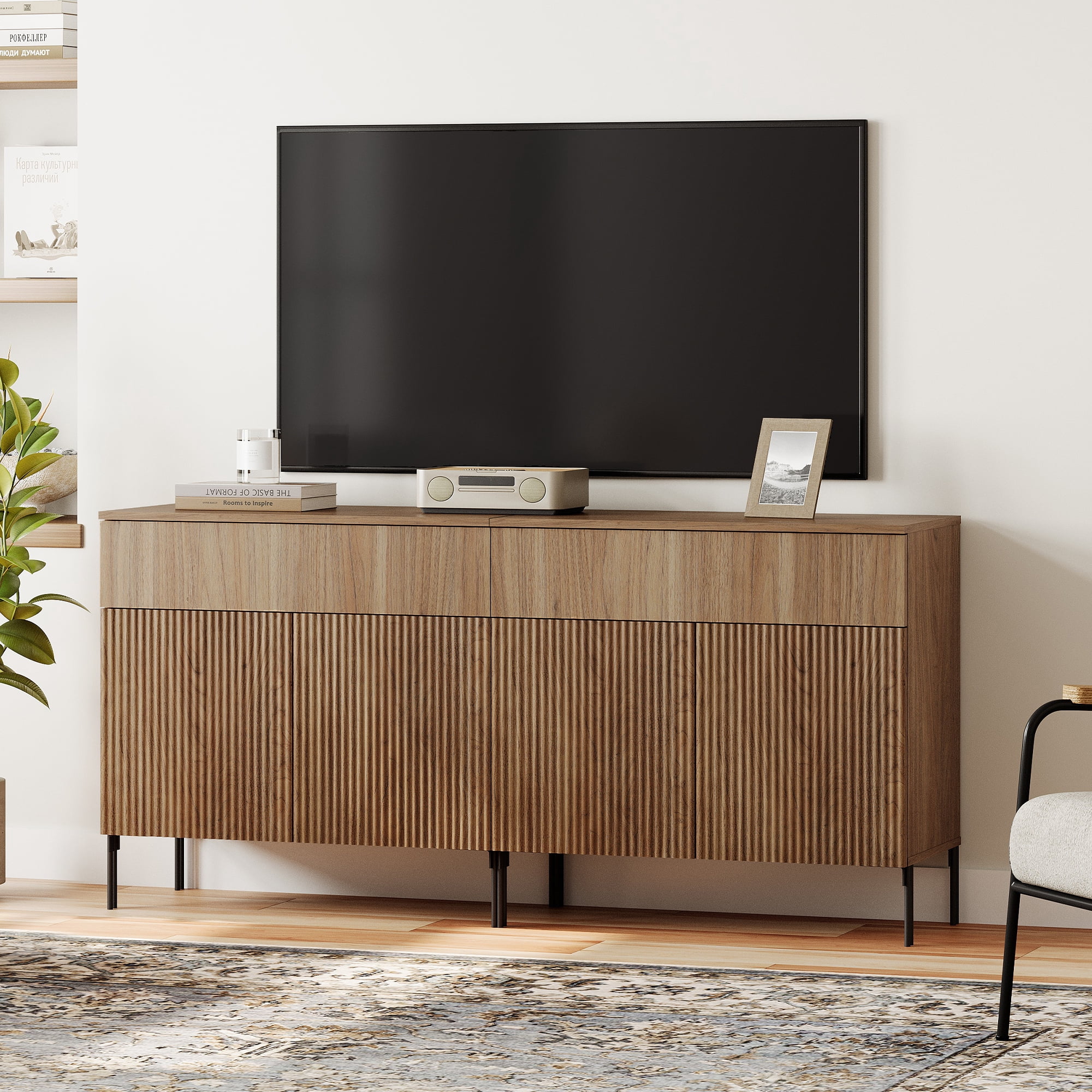 63" Modern Reeded TV Stand with Doors, Entertainment Center with Shelf, Wooden TV Console with Drawers for Living Room