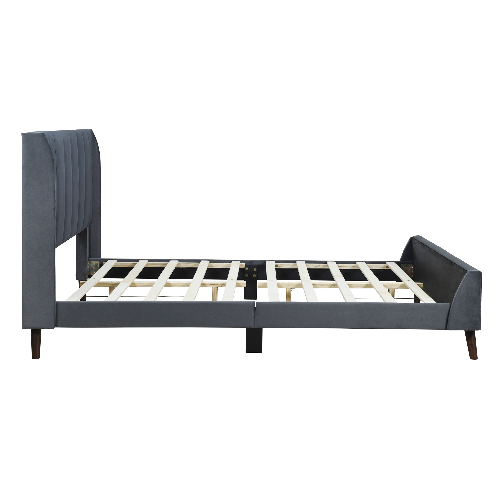 Aukfa Queen Size Upholstered Platform Bed, Velvet Vertical Stripe Bed Frame with Wingback Headboard, Gray
