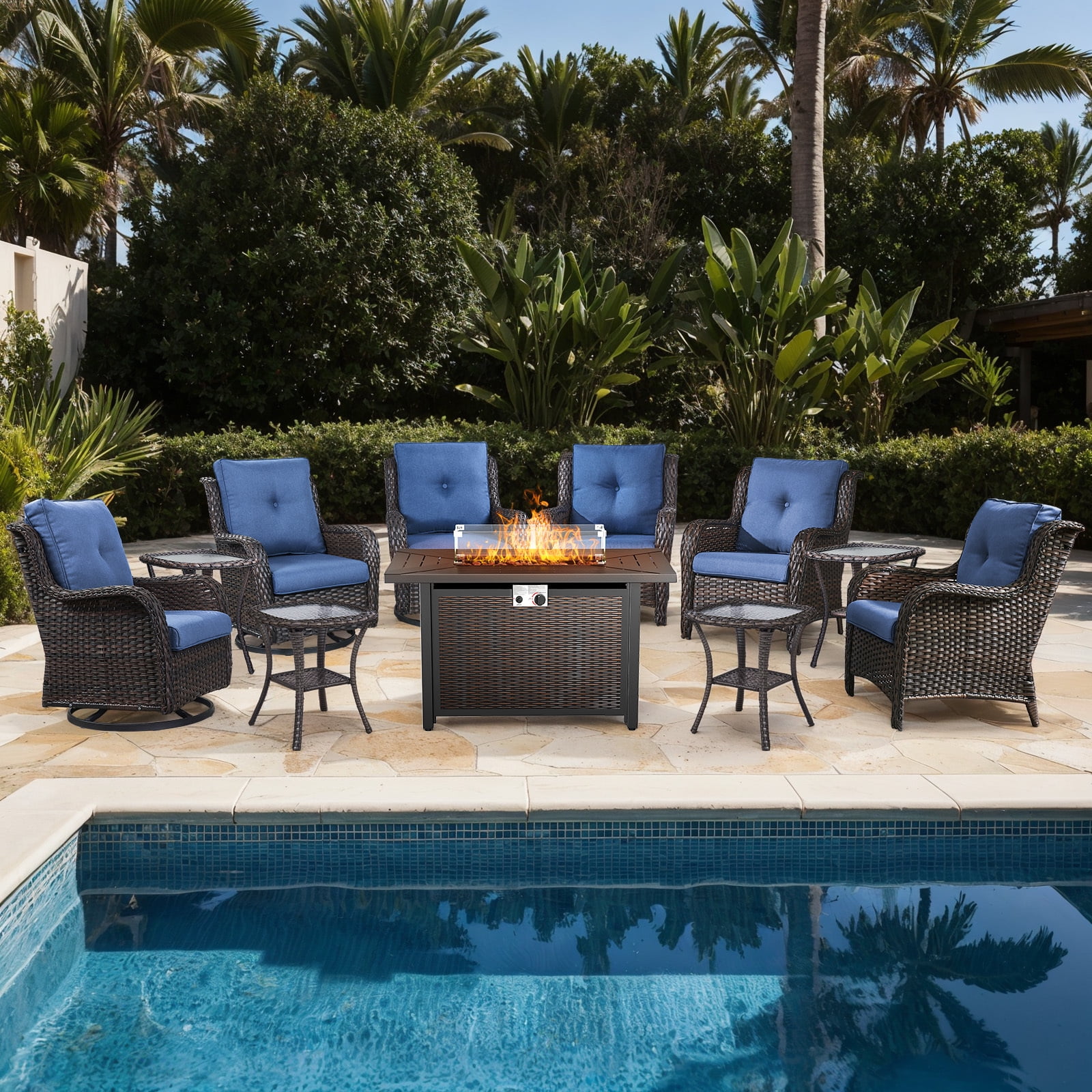 Bellefurn 11 Pieces Patio Furniture Sets with Fire Pit and Swivel Rocker Chairs,Outdoor Furniture with Fire Pit and Side Table Outdoor Conversation Set for Porch Deck Backyard Poolside