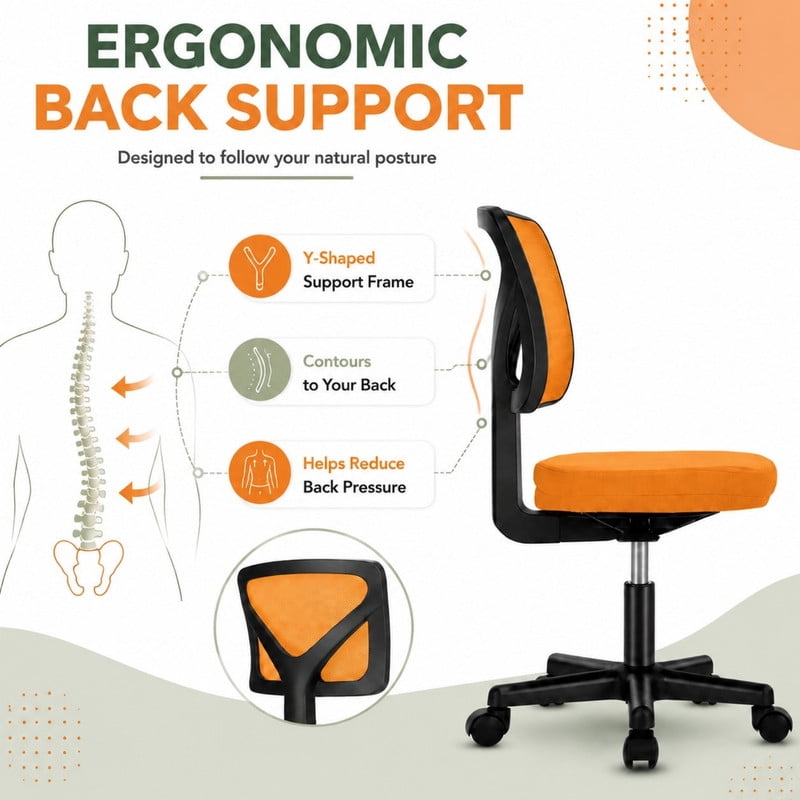 BEAUTYPEAK Desk Chair with Y-Shaped Lumbar Support Adjustable Armless Mesh Office Chair with Wheels for Home Office, Orange