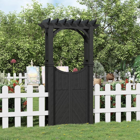 Pinypikaka Outdoor Wooden Arch Trellis, Wood Garden Arbor with Gate, Wood Arbor for Climbing Planting Plant Stand, Yard, Garden Decor