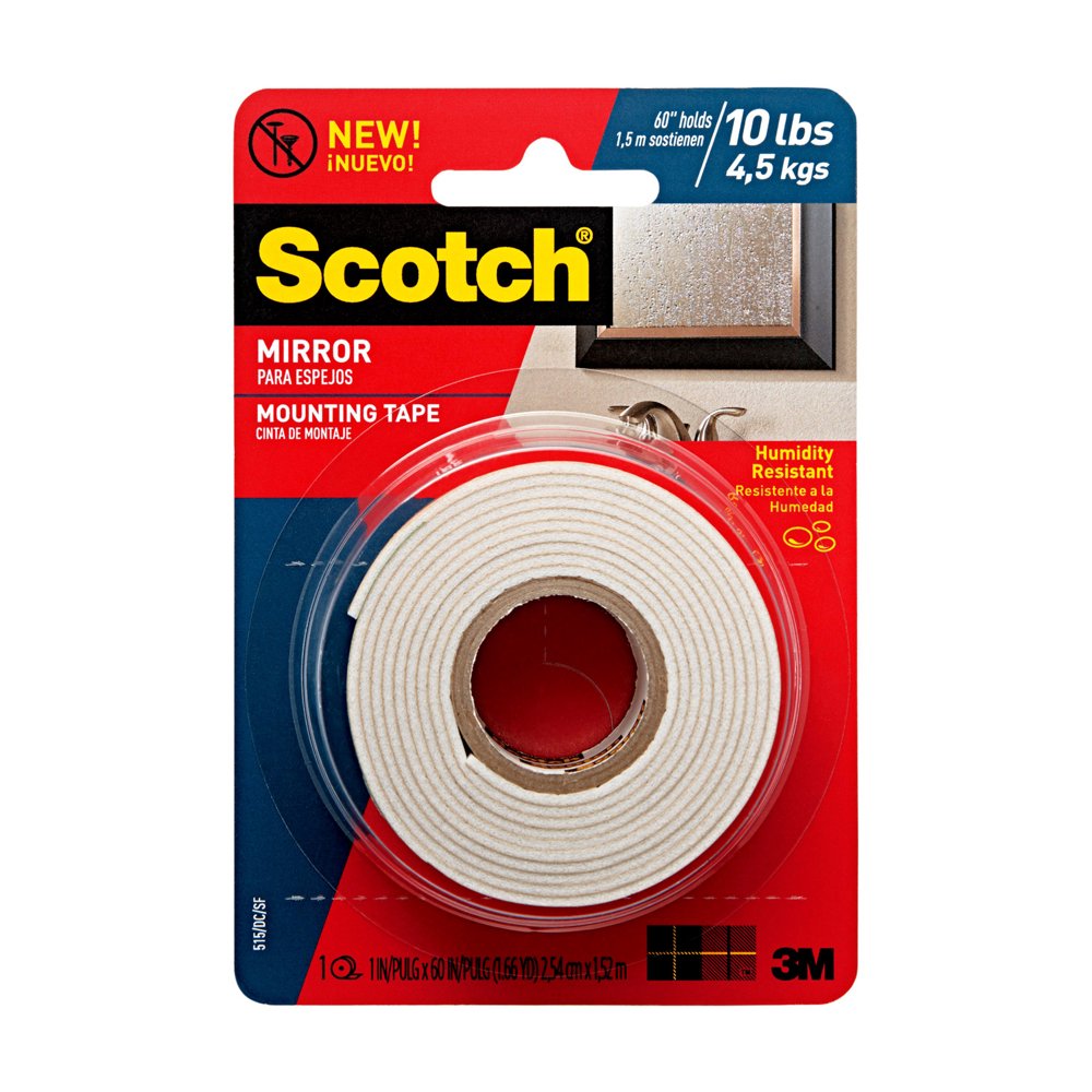 Scotch Mirror Mounting Tape , 1 in. x 60 in., White, 1 Roll/Pack