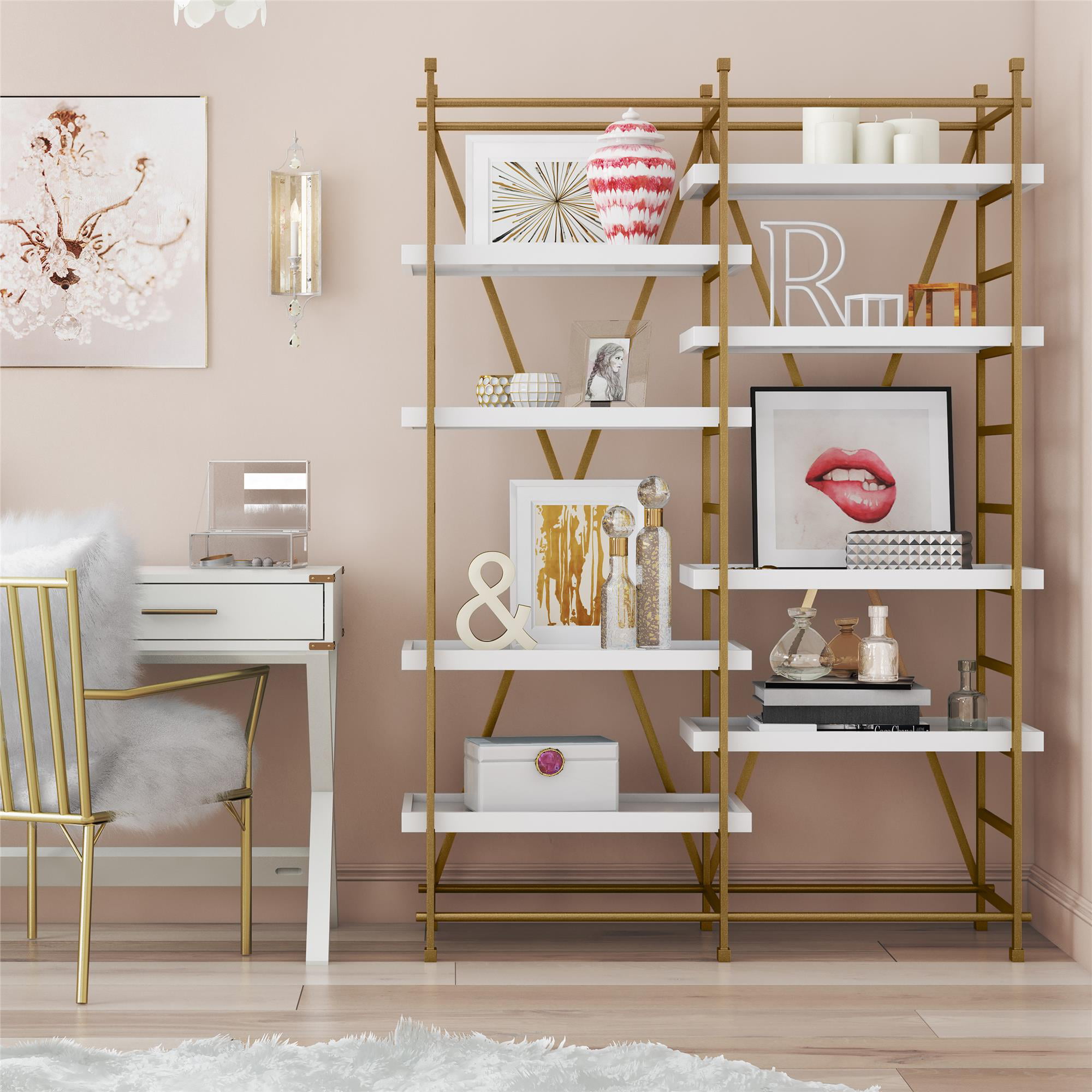 5 Tier Etagere Large Open Bookcase Faux White Marble Gold & White Home&Office 