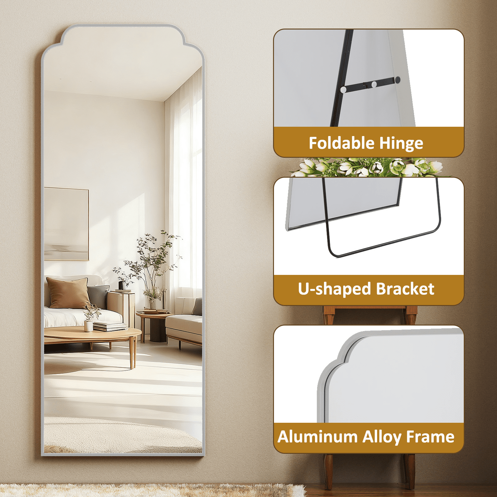 GRAHMCY 64"x21" Arched Full Length Foor Mirror Wall-Mounted Mirror with Deep Frame,, Silver