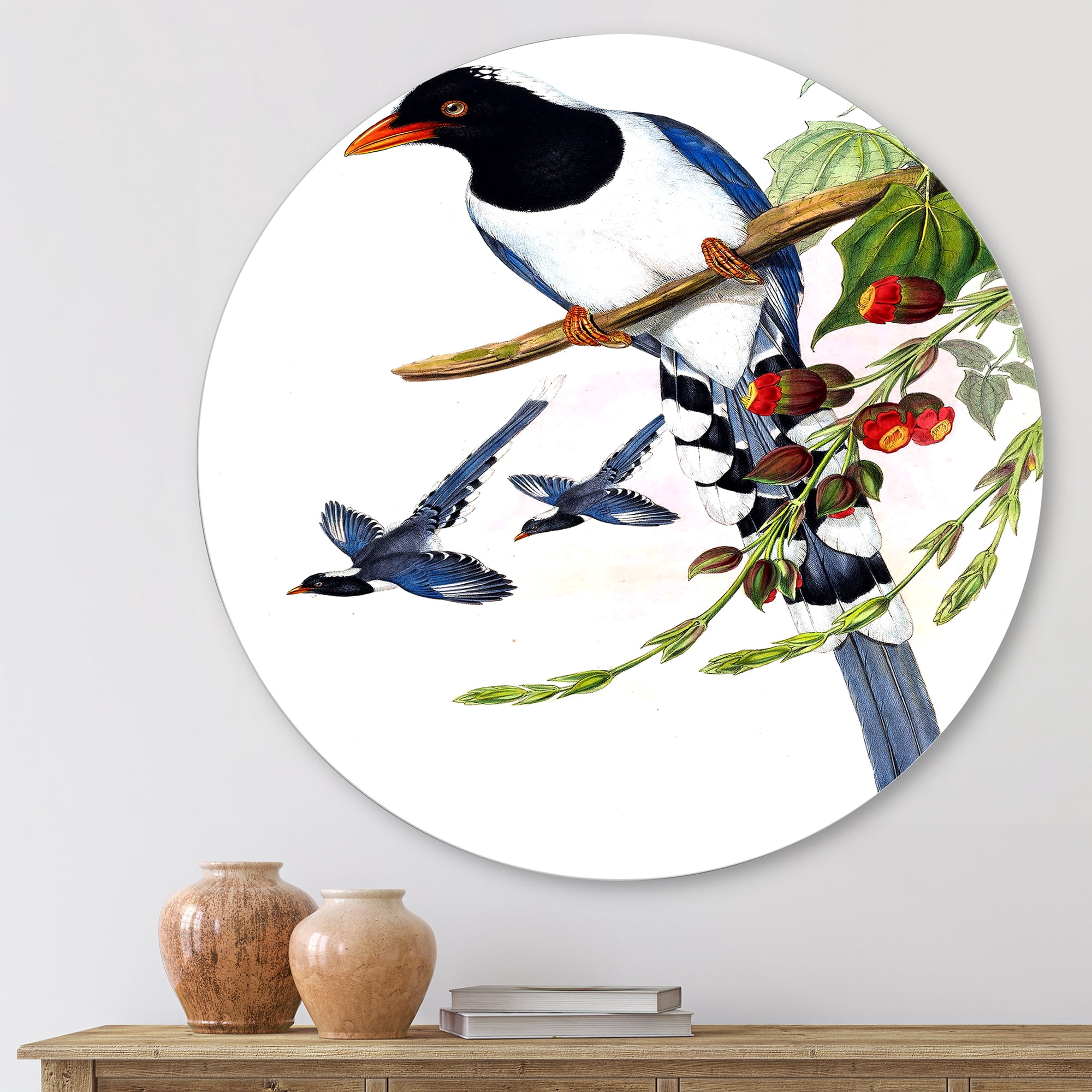Designart 'Vintage Countryside Birds On Branch IV' Farmhouse Circle Metal Wall Art 11x11 - Disc of 11