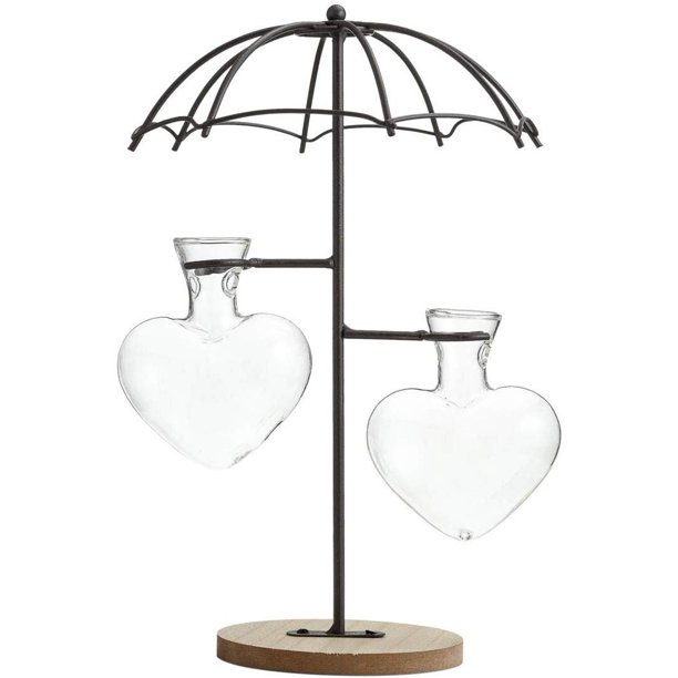 TJ Global Umbrella Double Glass Heart Vase Planter Holder, Plant