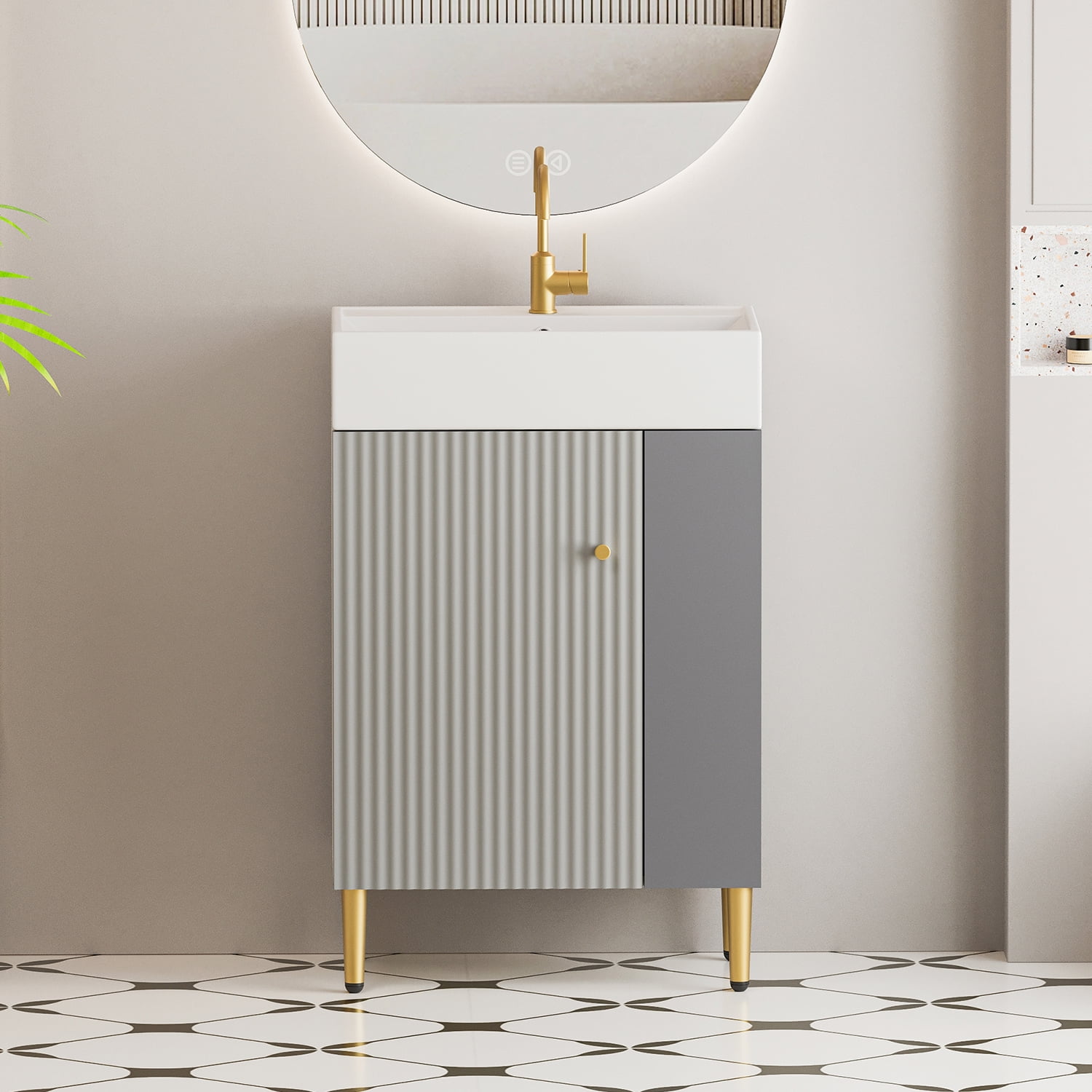 Demi Bonn 21" Bathroom Vanity with Ceramic Sink and Soft-Closing Door, Cloakroom Open Shelf Storage Cabinet on the Right Side, Faucets and Drains Not Included, Gray