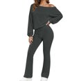 thumbnail image 2 of Ladies' Off Shoulder One Neck Long Sleeved Wide Leg Pants Set With Drawstring High Waist for Slimming, Casual Sports Two-Piece Set Dark Gray M, 2 of 7