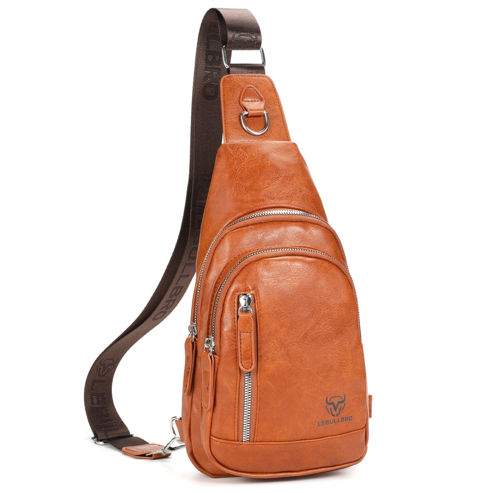 LEBULLBRO Sling Bag for Men Soft Leather Chest Bag Crossbody Backpack Travel Hiking Outdoor Sports Light Brown