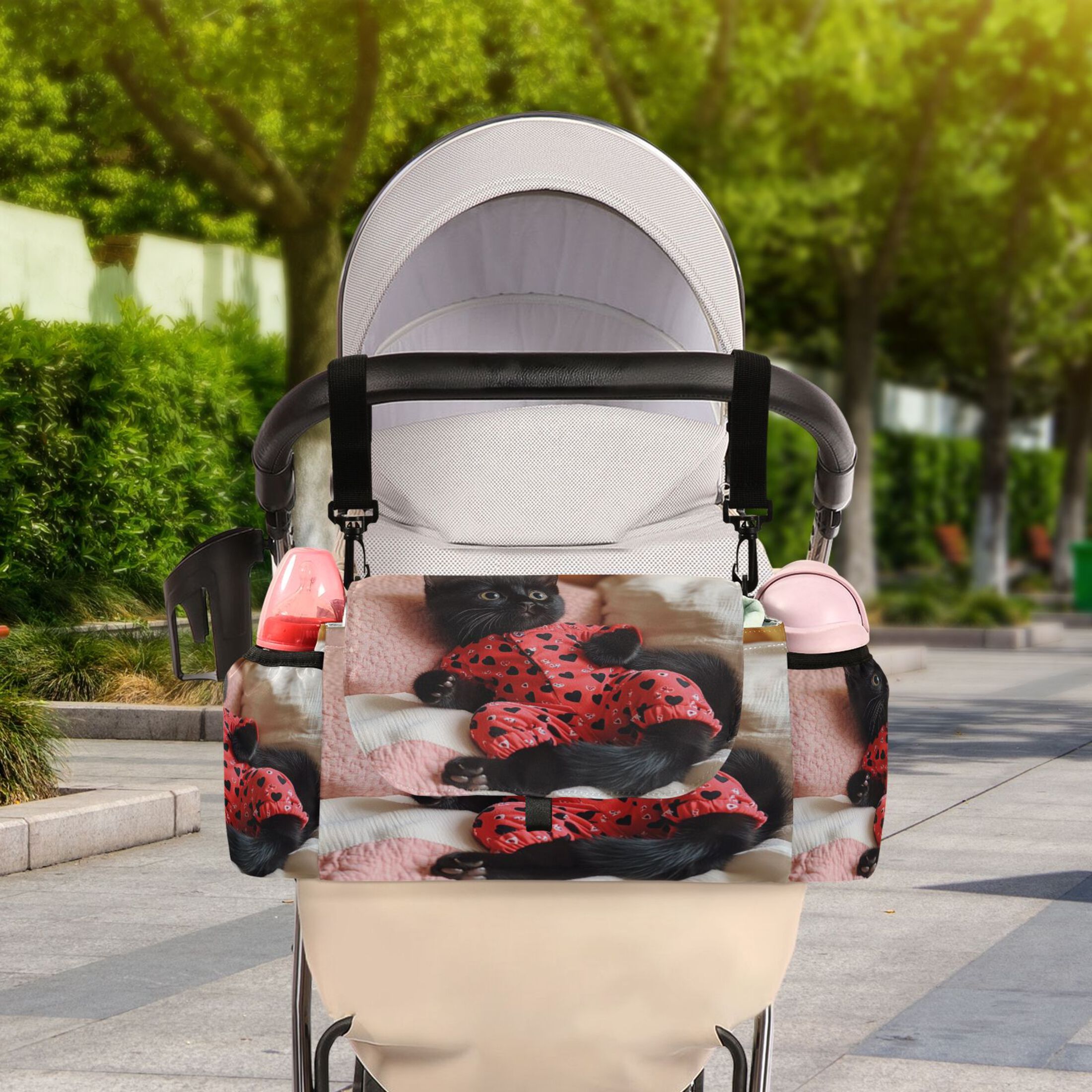 DIXRUYEE Stroller Organizer Charming Kitten in Heart Pajamas Printed