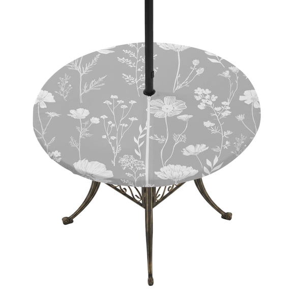 Outdoor Tablecloth with Umbrella Hole and Zipper Grey Spring Wildflowers Round Fitted Table Cover with Elastic Waterproof Fern Leaves Bloom Patio Tablecloths for Picnic BBQS Garden Party Fit 45"-54"