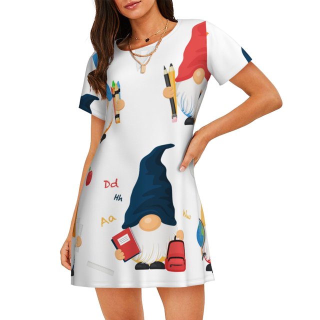 Easygdp School Cute Gnomes Camisón de manga corta para mujer, informal, estampado