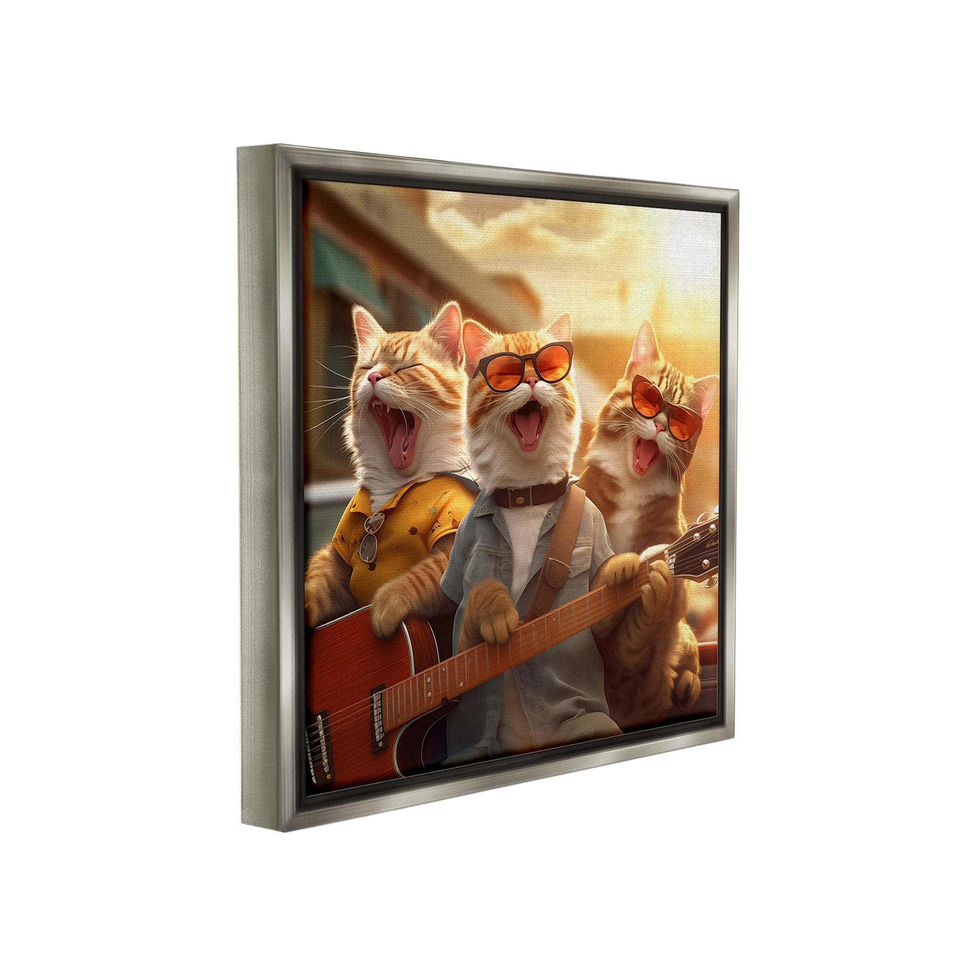 Stupell Industries Singing Guitarist Cats Animals & Insects Painting Gray Floater Framed Canvas Art Print Wall Art, 18 x 18