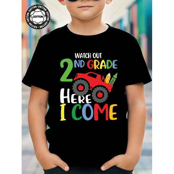 Boys' 2nd Grade Monster Truck Graphic T-Shirt – Lightweight, Comfortable Crew-Neck Short Sleeve Tee for Summer, Casual Back-to-School with "Watch Out I'm Here" Print
