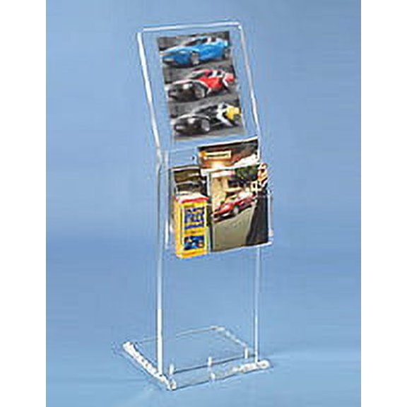 Floor Sign Holder Stand for 11 x 14 Graphics with 2-Tier Literature Rack, Adjustable Pockets for Magazines and Brochures, Satin Silver Screw Caps Hold Posters in Place - Clear Acrylic (TLHACLG6PK)