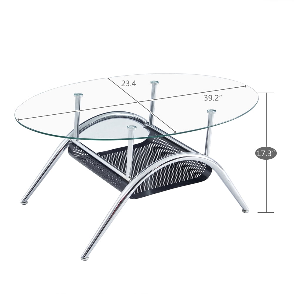 Kepooman Modern Oval Glass End Side Table with Mesh Storage Holders for Living Room, Transparent Kepooman Modern Oval Glass End Side Table with Mesh Storage Holders for Living Room, Transparent