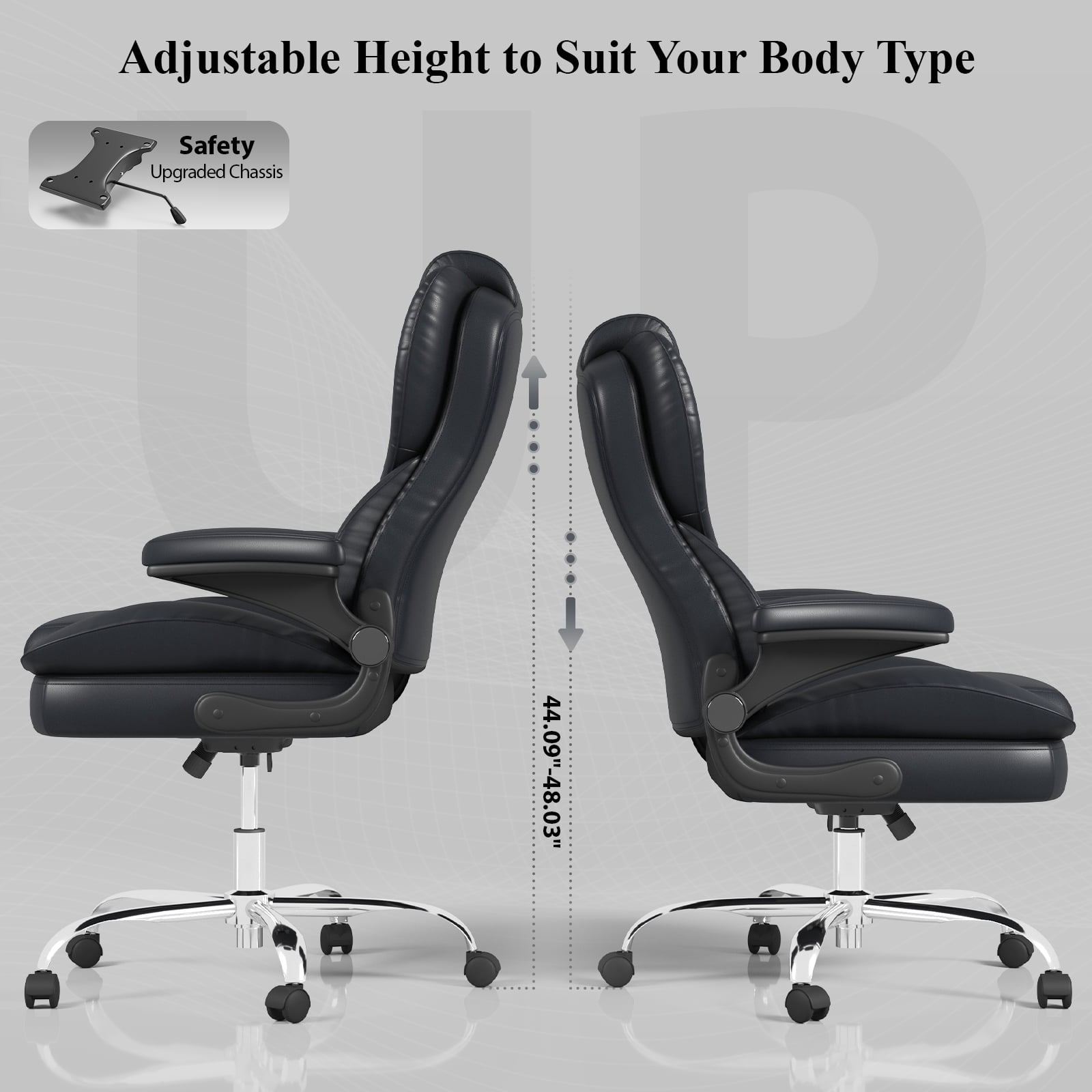 E-motie Home Office Chair with Flip-up Arms, Adjustable High Back Chair, Quiet Nylon Wheels, Black