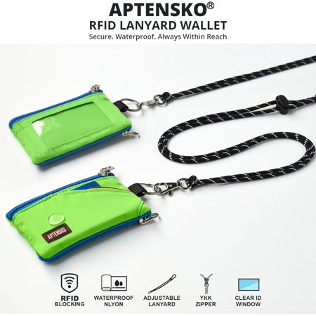 JINYUN-RFID Travel Wallet with Adjustable Lanyard-Zipper Small Wallet with ID Card Holder Keychain for women&men-Minimalist Slim Waterproof Nylon case for ID Cash Key (Green)