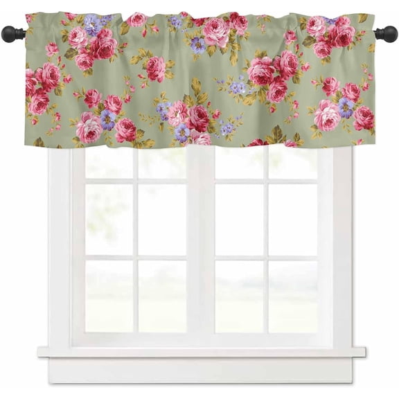 Watercolor Pink Rose Kitchen Curtain Valances for Windows Farmhouse Short Curtains, European Pastoral Floral Sage Green Rod Pocket Valance Curtain for Bedroom Cafe Living Room 54""x18""