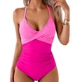 thumbnail image 4 of Women's One Piece Swimsuits Tummy Control Front Cross Bathing Suits Tie Back Slimming V Neck Solid Color Swimwear Hot Pink L, 4 of 6