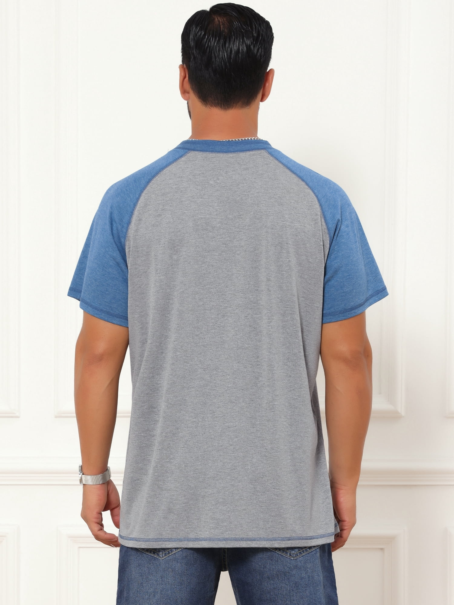DARING DIVA Men's Raglan Henley Retro Short Sleeve Button Down T-Shirt L Light Gray