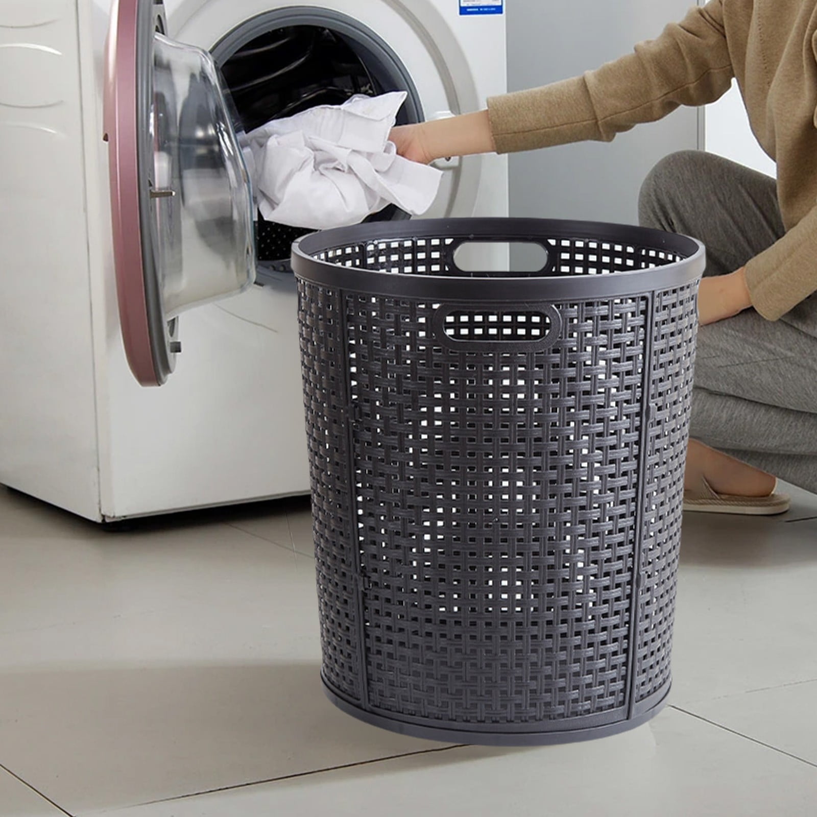 CheAAlet Large Capacity Plastic Storage Basket for Laundry and Toys, Ventilated Laundry Hamper with Side Handles, 40 L Flexible Rattan-Style Clothes Basket-Black